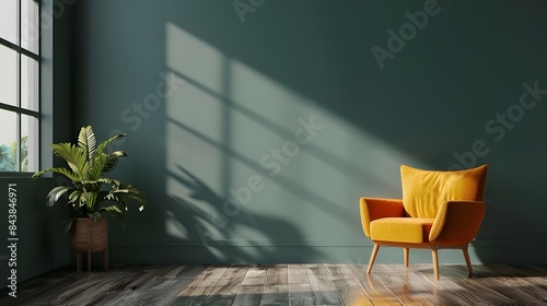 Modern wooden living room with an orange armchair on empty dark green wall background,Minimal room- 3D rendering
