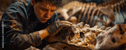 A paleontologist carefully brushing away dirt to reveal a dinosaur fossil