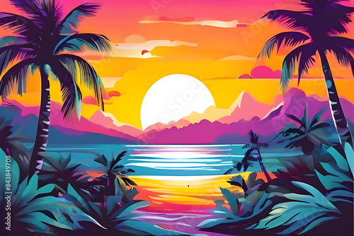 Rolling waves crash onto the shore beneath a palm tree, while a seagull soars above the water. Perfect for themes of tropical paradise, summer adventures, and colorful landscapes.