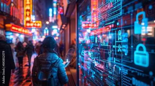 The image shows a person walking down a busy street with a lot of lights and people. There is also a digital display on the wall with a lock icon.