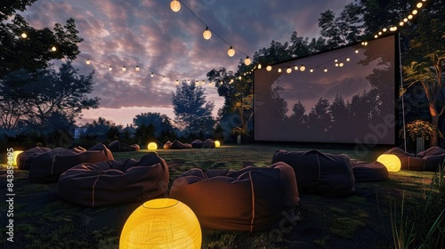 A 3D scene of an outdoor summer movie night with a giant screen and bean bags, creating a cozy and entertaining summer theme
