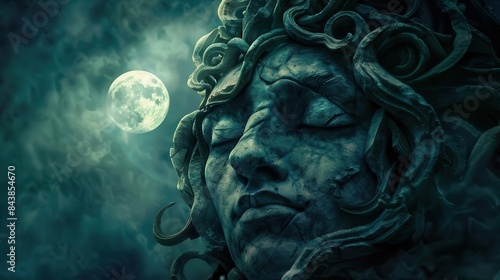 medusa face sculpture illuminated by moonlight ancient greek mythology art digital painting