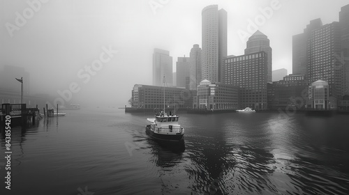 misty morning in boston harbor with skyscrapers looming black and white photograph