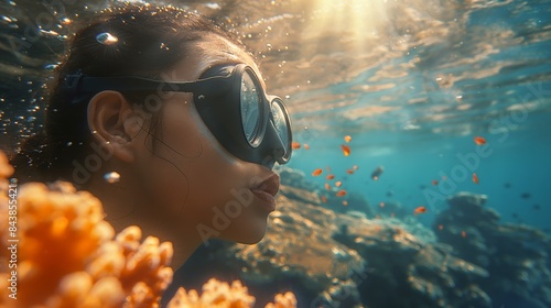 A young woman wearing a snorkel mask underwater near coral reefs with sunlight filtering through the water