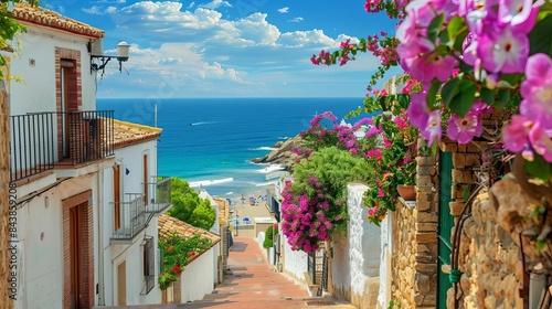nostalgic seaside town in spain flowery fences and distant ocean view