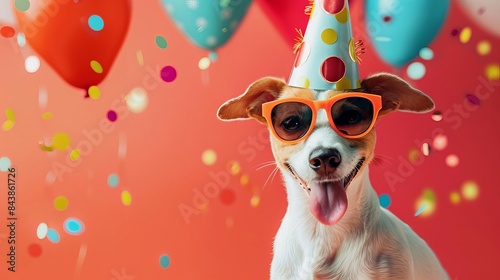 playful birthday celebration card with cool dog in party hat and sunglasses festive 3d illustration