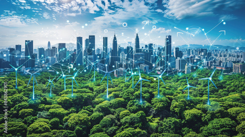 A city skyline with digital connections above a green forest featuring wind turbines, symbolizing sustainable urban development and clean energy integration for future cities.