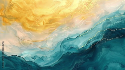 romantic gold sky and teal ocean waves abstract seascape painting with copy space