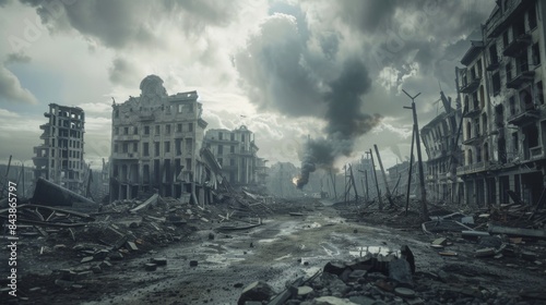 Destroyed city after the war. Dramatic scene of the bombed out city. Human suffering and war