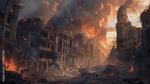 Destroyed city after the war. Dramatic scene of the bombed out city. Human suffering and war