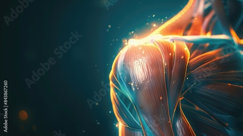 A close-up of a shoulder with an overlay of glowing muscles and tendons to demonstrate a rotator cuff injury