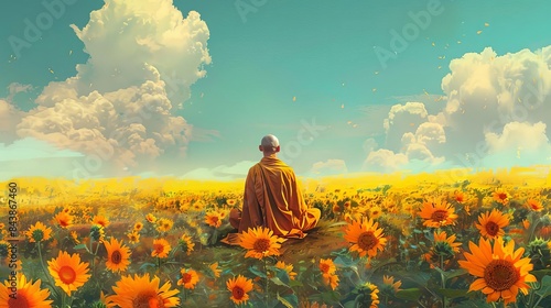 serene monk meditating in a vibrant field of sunflowers finding peace and enlightenment digital painting