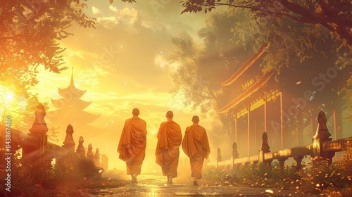 serene monks walking to a traditional ceremony in a tranquil setting digital illustration