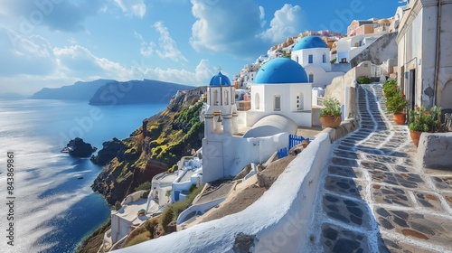 A cliffside village in the Mediterranean, with white-washed buildings, blue domed roofs, and winding stone pathways overlooking a sparkling sea. 32k, full ultra hd, high resolution