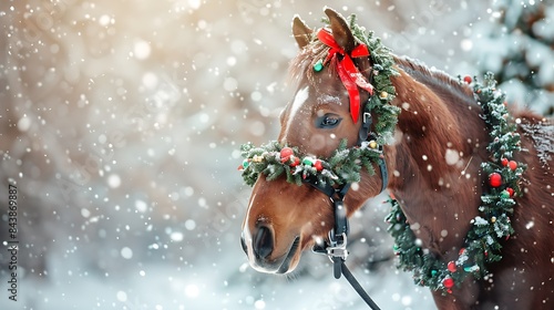 Saddle horse wearing beautiful colorful christmas wreath at advent weekend in the fresh snow