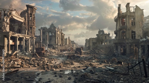 Destroyed city after the war. Dramatic scene of the bombed out city. Human suffering and war