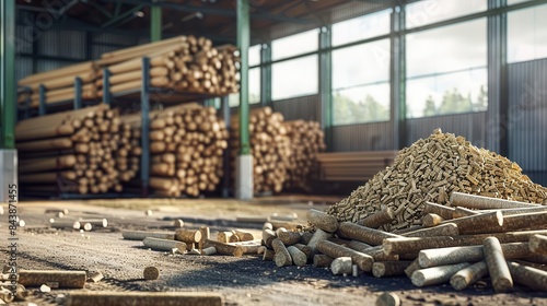 stacked biomass wood pellets and woodpile renewable energy source photorealistic