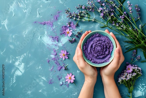 hand holding bowl of lavender powder. lavender flowers around the background. beauty treatment and ayurvedic medicine