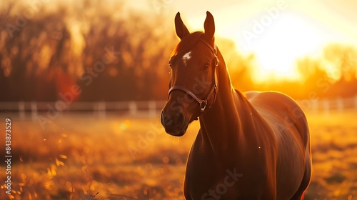 Thoroughbred horse looking at camera with warm sunrise