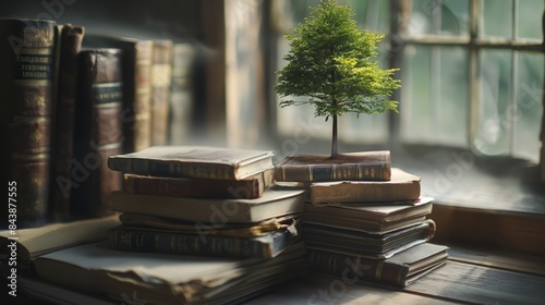 A small tree is placed on top of a stack of books. Environmental concept
