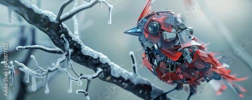 Mechanical bird perched on branch with melting snow in a winter forest