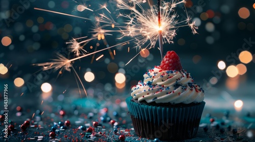 Festive cupcake with sparkler on a dark background with bokeh lights