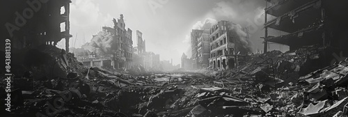 Destroyed city after the war. Dramatic scene of the bombed out city. Human suffering and war