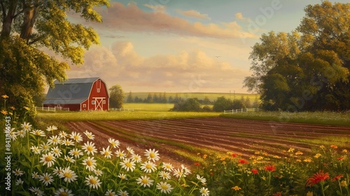 A serene rural farm scene with neatly plowed fields, a classic red barn, and vibrant wildflowers in the foreground, all bathed in golden afternoon light.