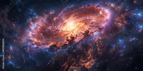 spiral galaxy in space with glowing center and sparkling stars. Illustration of a background with a majestic space theme. 