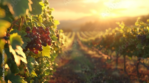 Close-up of grapevine with ripe grapes in a vineyard at sunset.