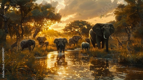 herd of elephants walking through a river at sunset