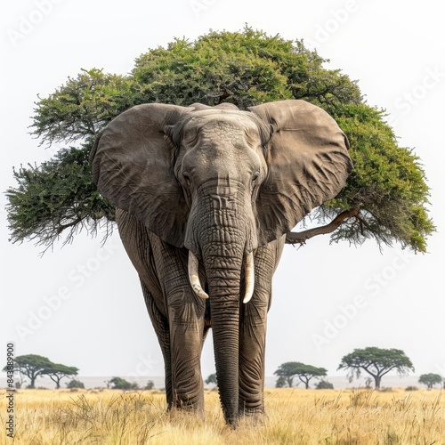 large elephant standing in a field with a tree