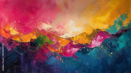 painting of a colorful mountain range with a sky background
