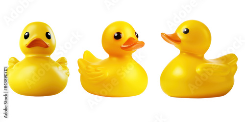 set of yellow rubber duck on transparent background cutout, PNG file. Mockup template for artwork design.