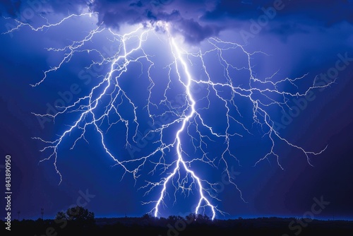 Intense night lightning storm over countryside landscape