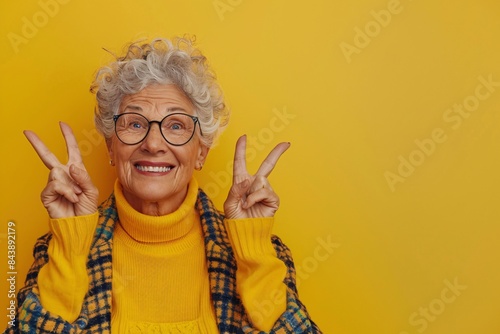 Happy senior woman in glasses, wearing yellow, making peace sign with both hands, bright background