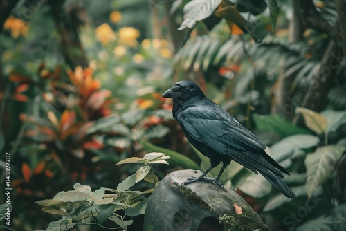 black crow on a exotic flora garden forest