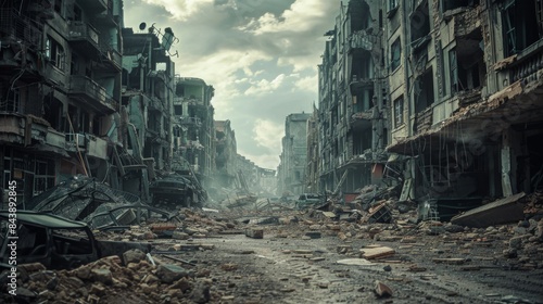 Destroyed city after the war. Dramatic scene of the bombed out city. Human suffering and war