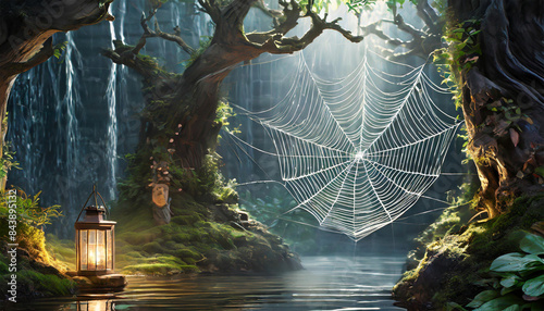 Spider web against the dark forest, illustration.