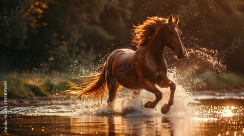 Bay stallion free run with splash in water at sunlight