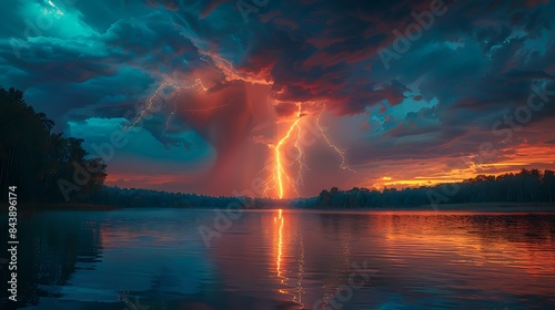 Thunderbolt striking near a serene lake