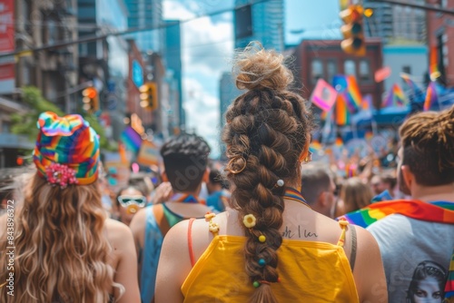 A woman with a long braid and a yellow shirt stands in a crowd of people. The crowd is diverse and the woman is wearing a rainbow hat