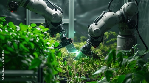 photo of a mechanized plant pruning system, where robotic arms with laser knives precisely trim foliage and branches, ensuring optimal plant shape and growth. --no text --ar 16:9 --quality 0.5
