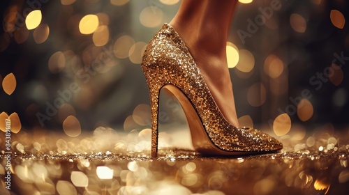 Glittery gold heels on a dance floor