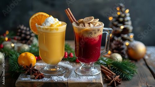 fresh yellow eggnog grog and fruity red mulled wine with christmas decoration selection of autumn or winter hot drinks