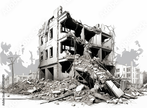 Illustration of houses destroyed in war 