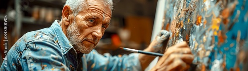 An elderly man wearing a blue denim shirt is painting on a canvas with a paintbrush in his hand. He has a focused expression on his face.