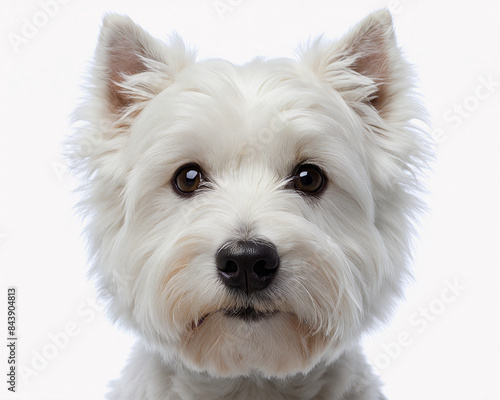 Portrait of a Western Highland White Terrier with a wary expression. His fluffy fur, pointed ears and keen eyes give him a curious and attentive demeanor.