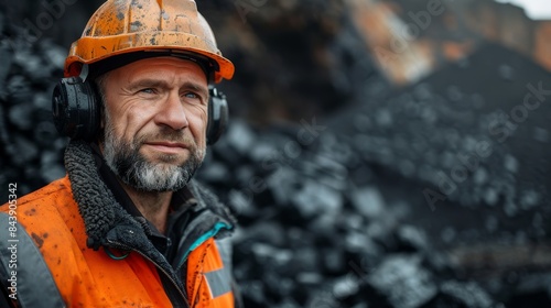 Male miner with a soot-streaked face, helmet, ear protection, and reflective vest