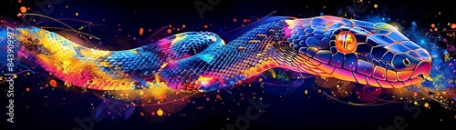 neon snake black background pop art Illustration of a snake in neon colors on a black background in the pop art style and splatters of watercolor paint